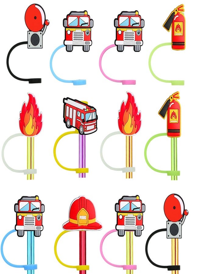 Meaxur 12pcs Fire Truck Themed Reusable Food Grade Silicone Straw Sleeve Caps, Suitable for Party Favor Bags,Birthday Party,Fire Truck Party Favor,Dustproof Soft Straw Covers for 7-8mm Straws - Image 1
